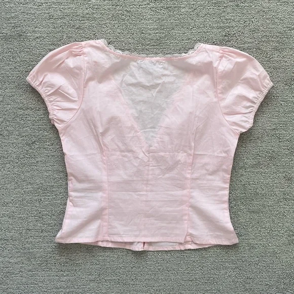 Motel Women’s pink blouse puff sleeve corset ruffle coquette summer spring cute - Picture 2 of 4